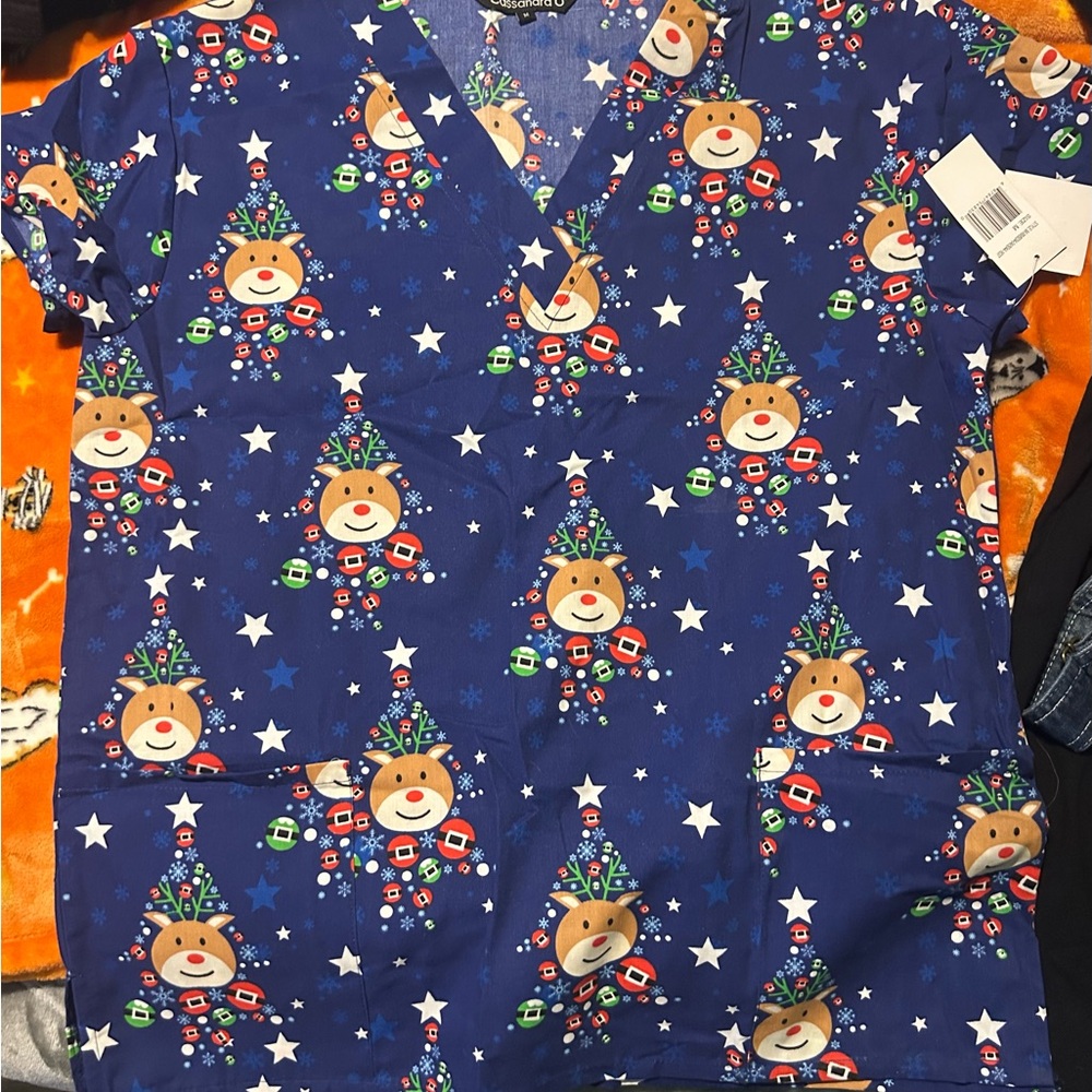 Festive Blue Scrub Top with Holiday Print